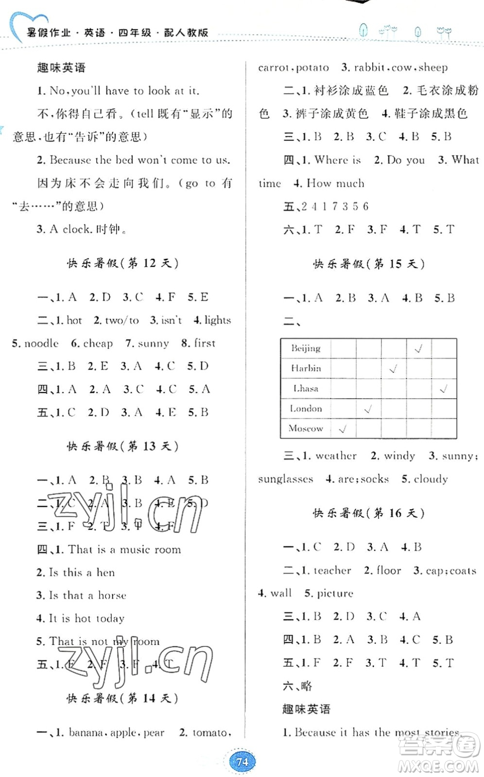 貴州人民出版社2022暑假作業(yè)四年級(jí)英語(yǔ)人教版答案