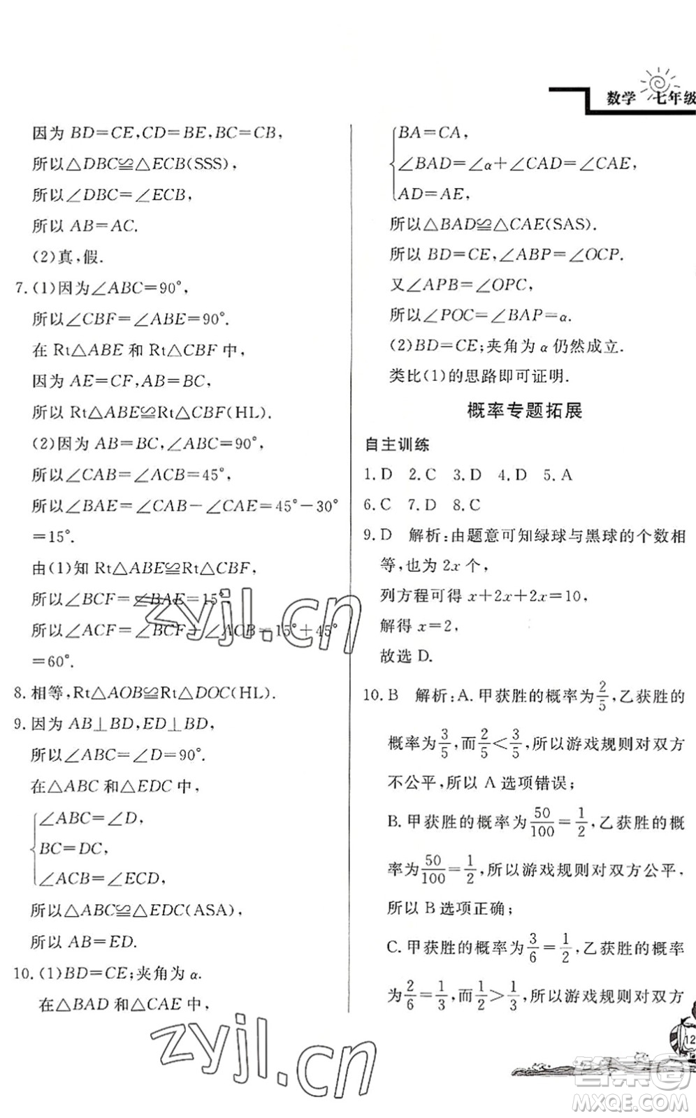 北京教育出版社2022學力水平快樂假期暑假七年級數學BS北師版答案