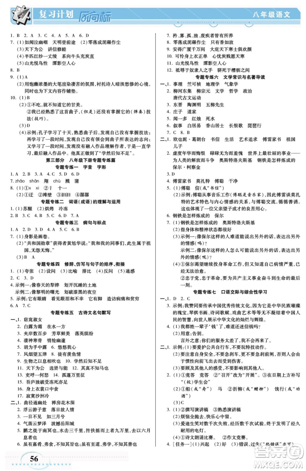 陽光出版社2022復(fù)習(xí)計(jì)劃風(fēng)向標(biāo)暑假八年級語文RJ人教版答案