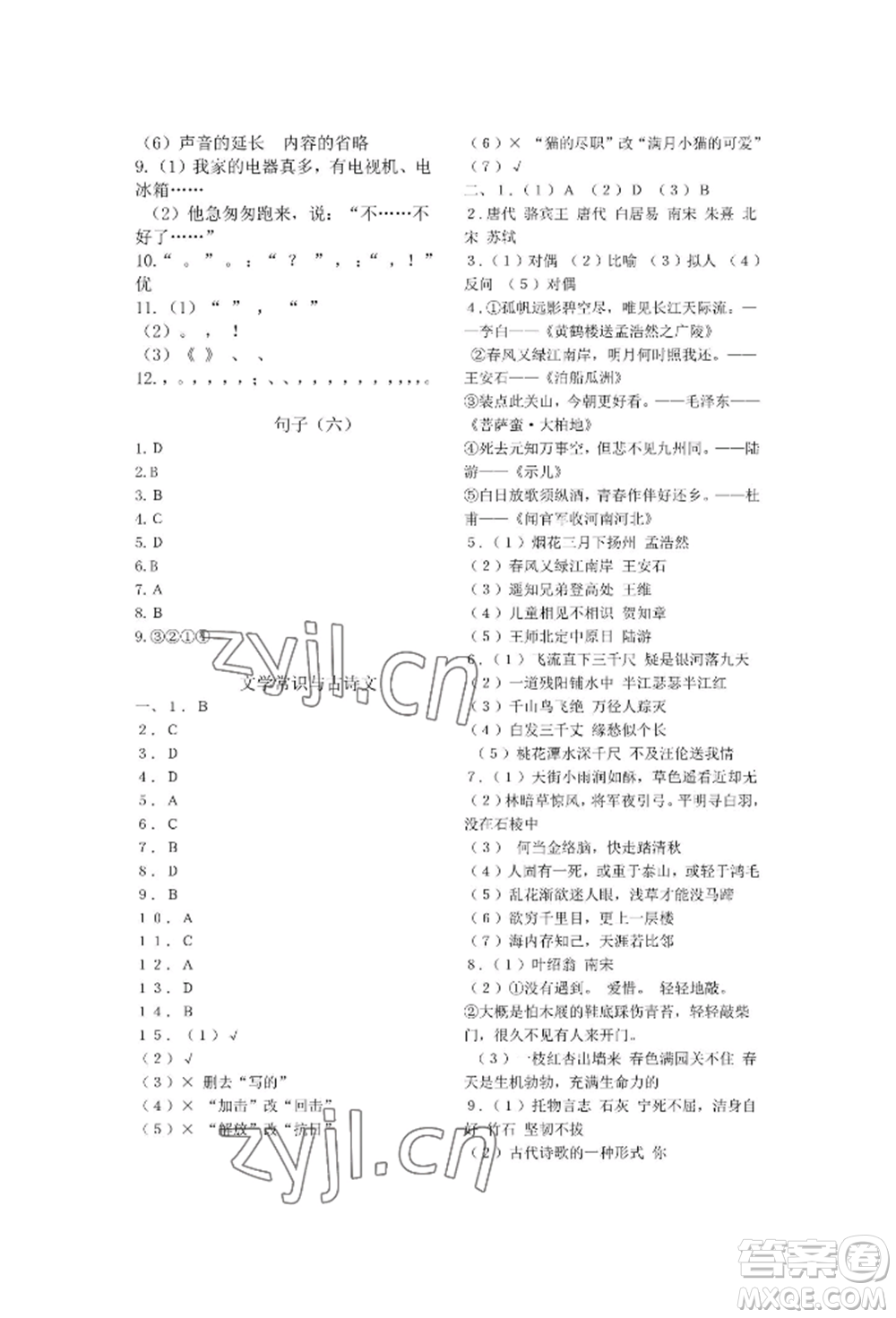 天津科學(xué)技術(shù)出版社2022期末復(fù)習(xí)暑假作業(yè)六年級語文通用版參考答案