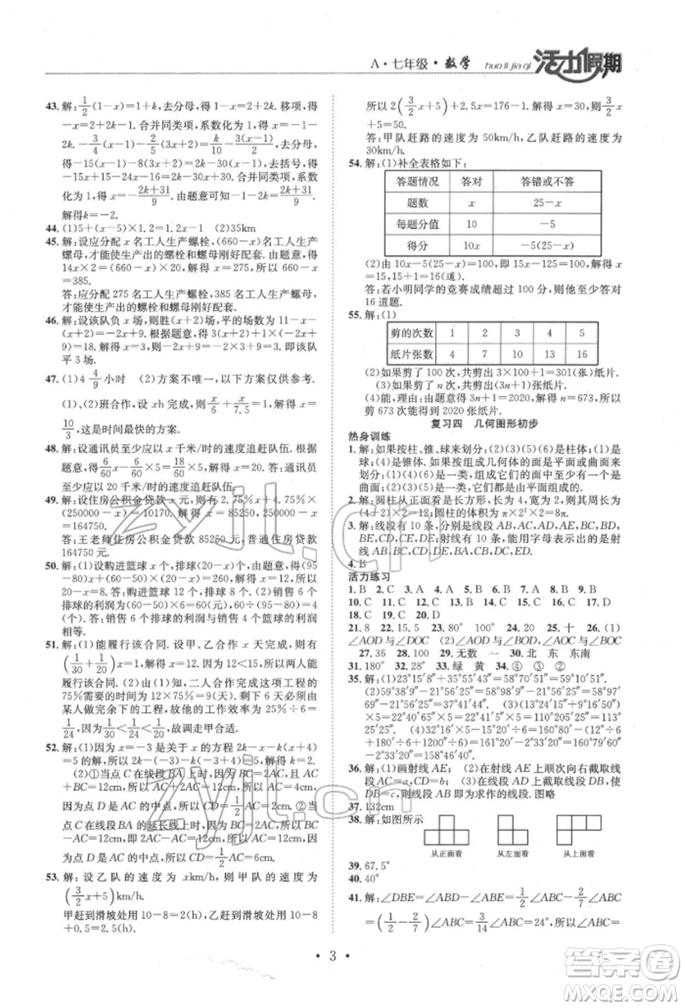 沈陽出版社2022活力假期學(xué)期總復(fù)習(xí)暑假七年級數(shù)學(xué)人教版參考答案