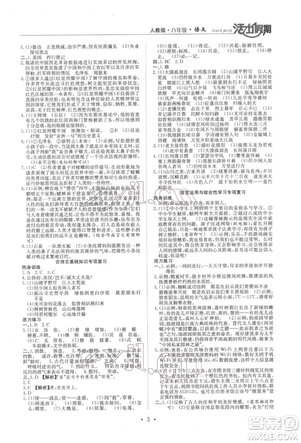 沈陽(yáng)出版社2022活力假期學(xué)期總復(fù)習(xí)暑假八年級(jí)語(yǔ)文人教版參考答案