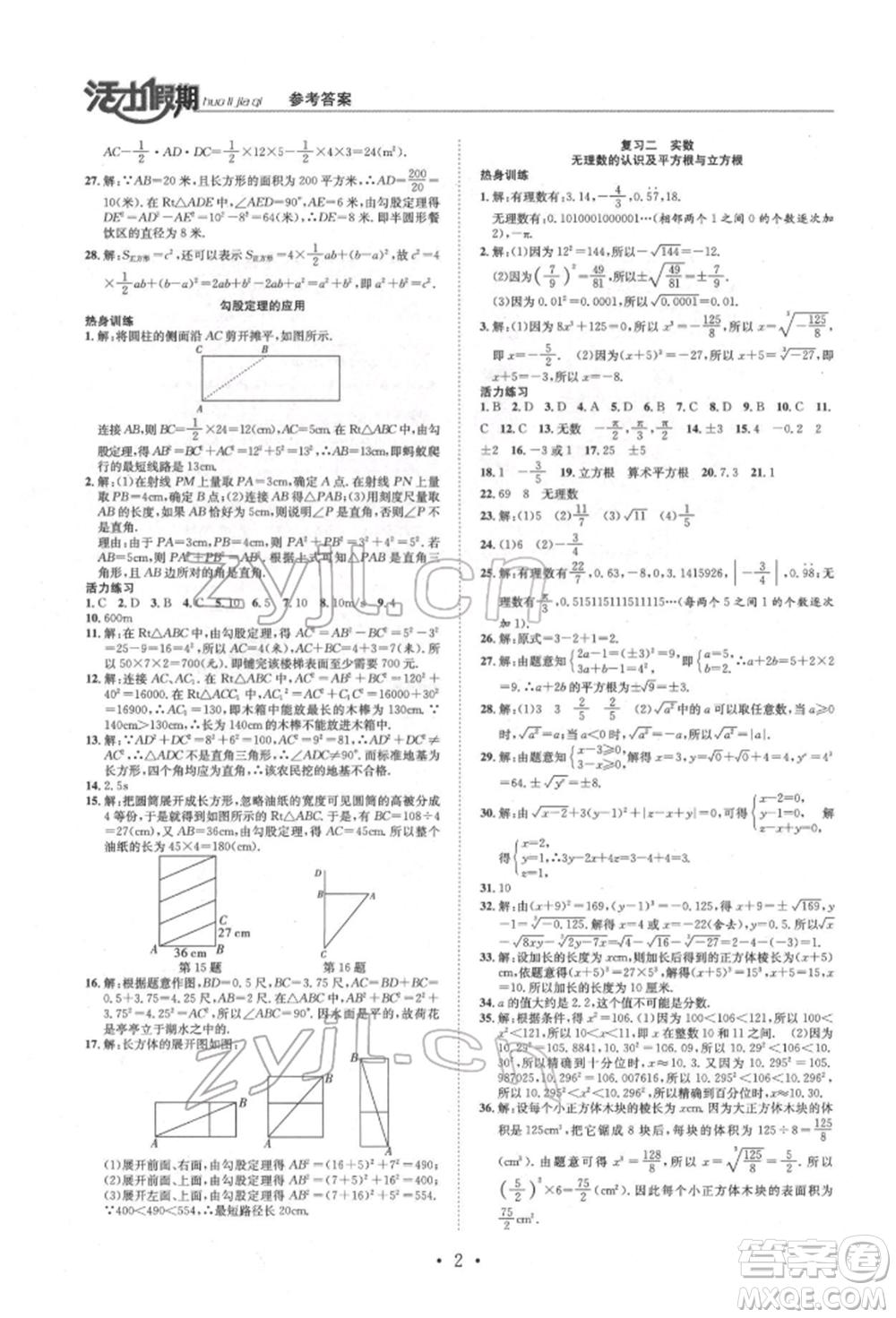 沈陽(yáng)出版社2022活力假期學(xué)期總復(fù)習(xí)暑假八年級(jí)數(shù)學(xué)北師大版參考答案