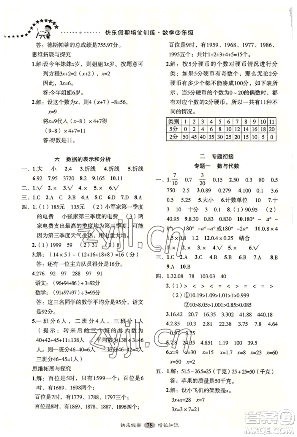 四川大學(xué)出版社2022快樂(lè)假期走進(jìn)名校培優(yōu)訓(xùn)練銜接教材暑假四升五數(shù)學(xué)通用版參考答案