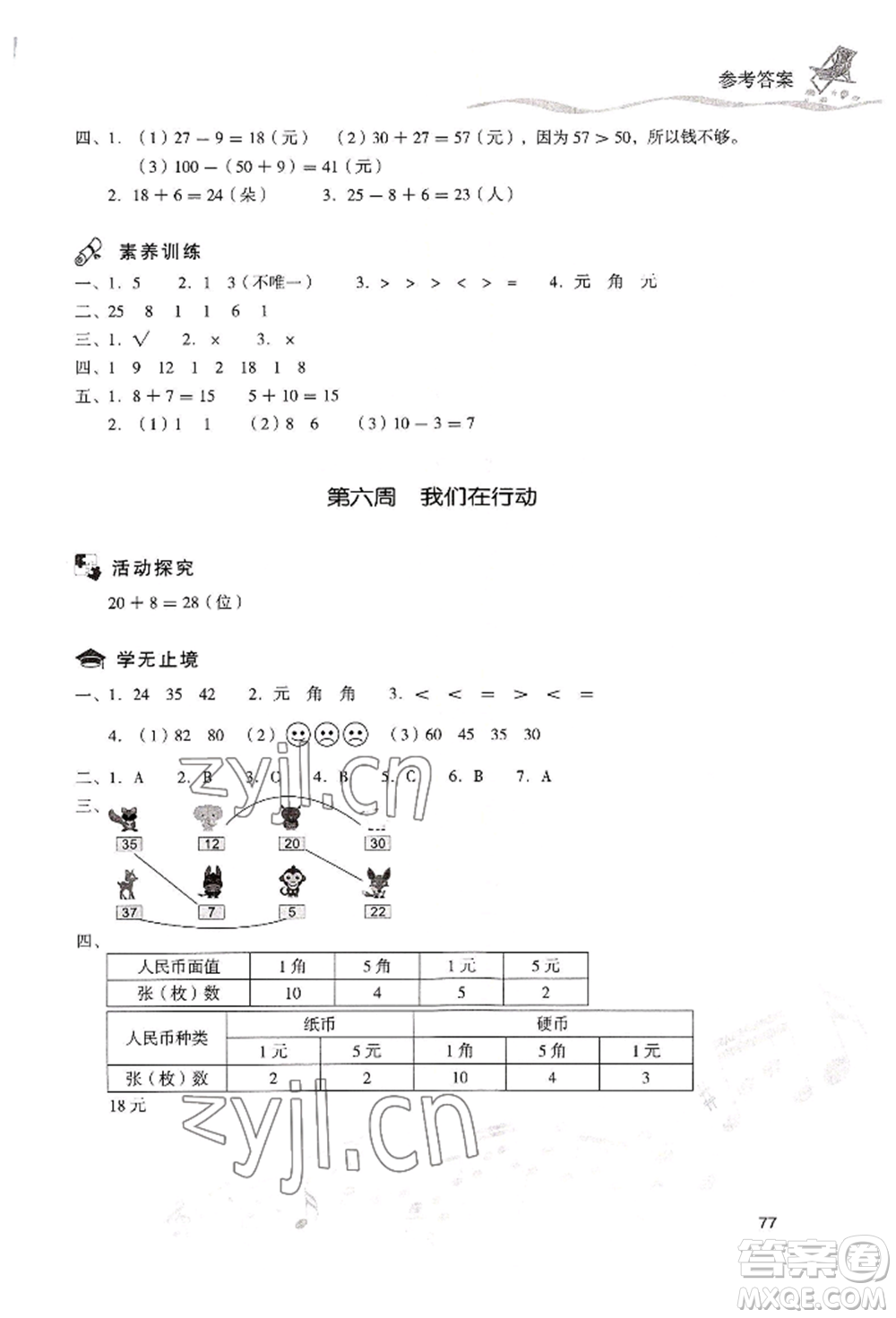 現(xiàn)代教育出版社2022暑假樂(lè)園一年級(jí)數(shù)學(xué)人教版參考答案