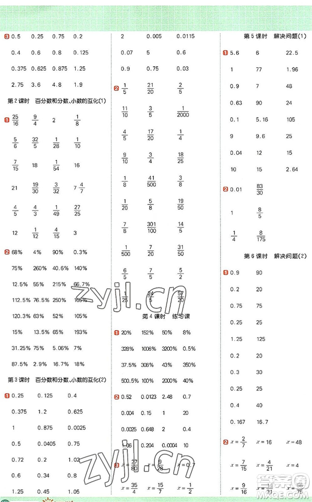 江西教育出版社2022陽光同學計算小達人六年級數(shù)學上冊RJ人教版答案