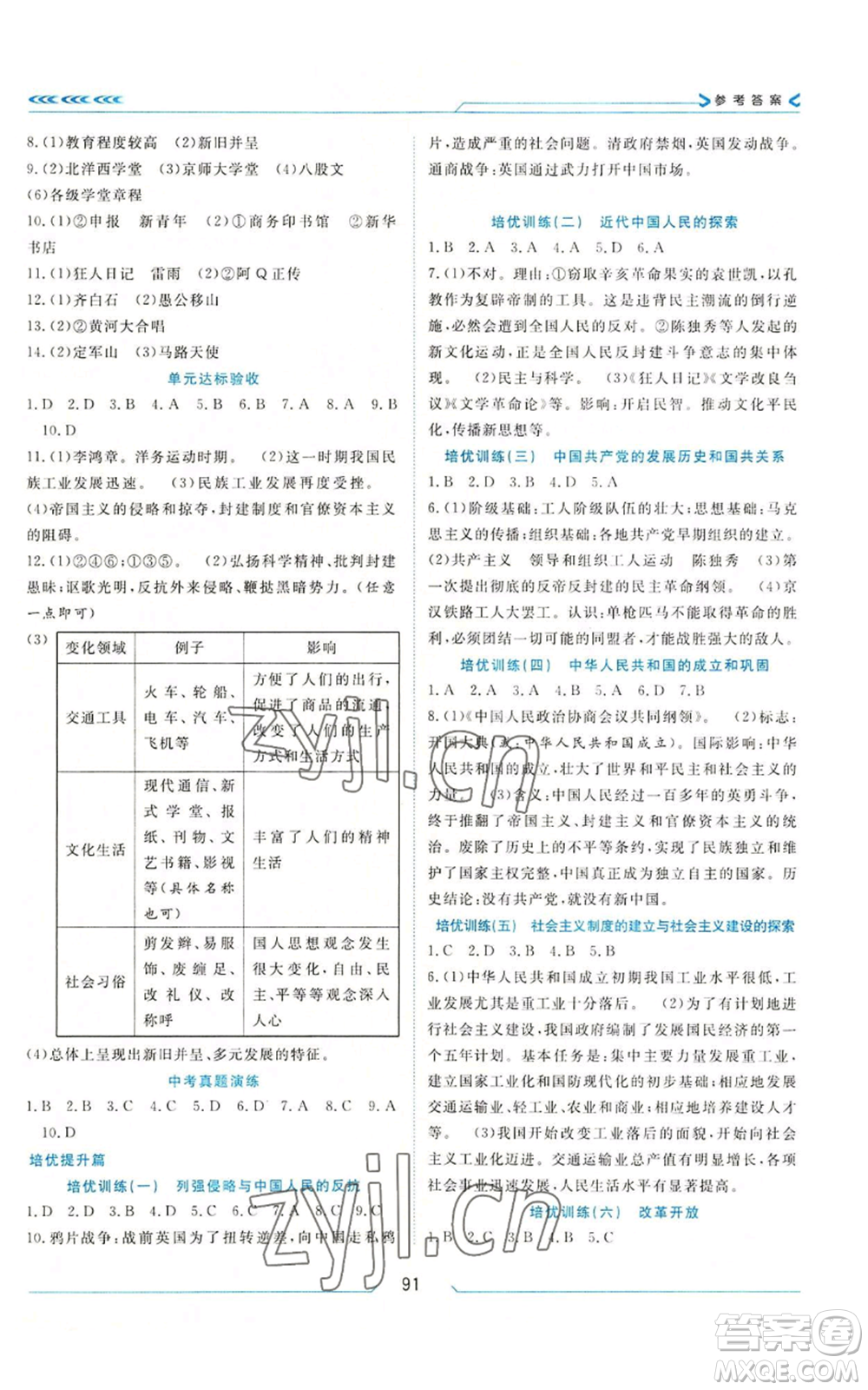 南方出版社2022假期面對(duì)面學(xué)年度系統(tǒng)總復(fù)習(xí)暑假八年級(jí)歷史通用版參考答案