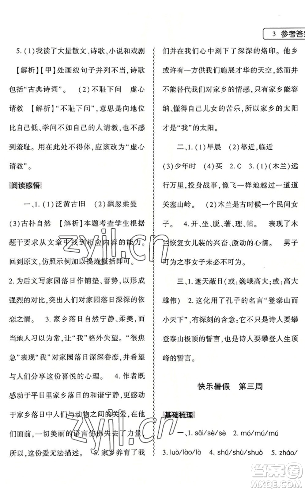 大象出版社2022語文暑假作業(yè)本七年級人教版答案