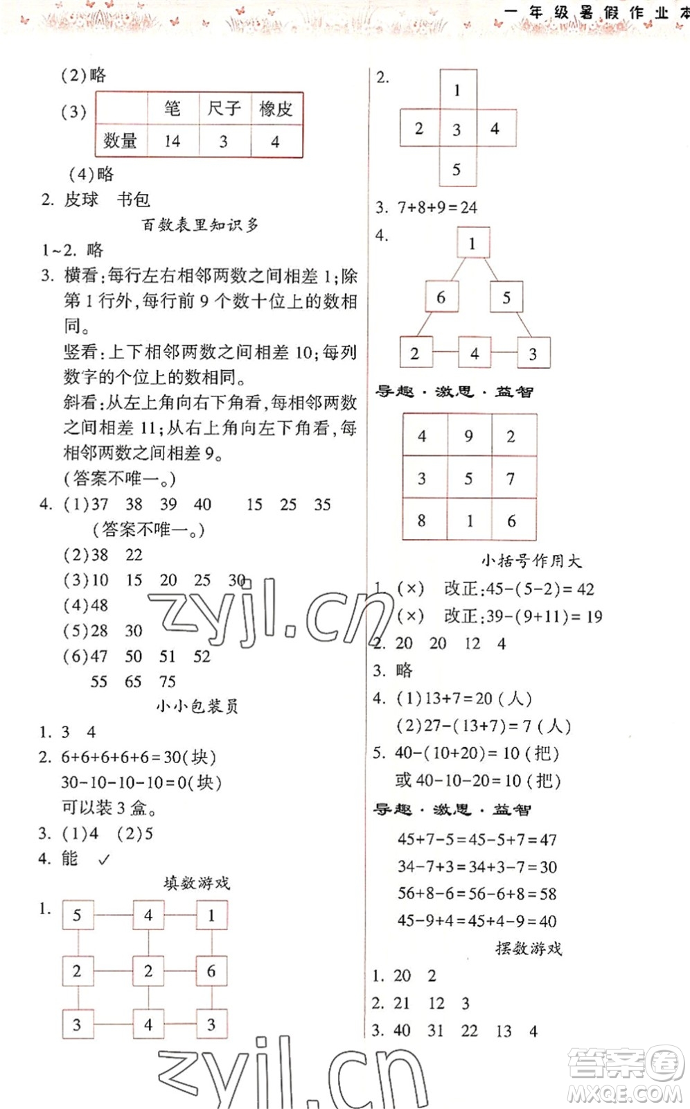 希望出版社2022暑假作業(yè)本天天練小學一年級數(shù)學人教版答案