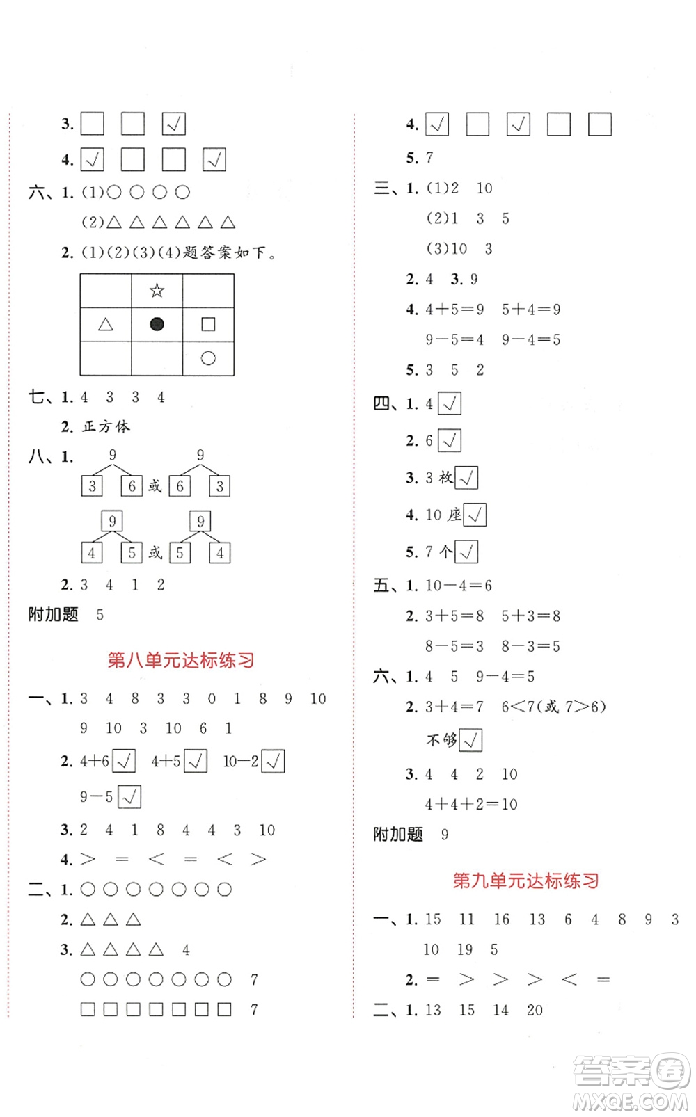 教育科學出版社2022秋季53天天練一年級數(shù)學上冊SJ蘇教版答案