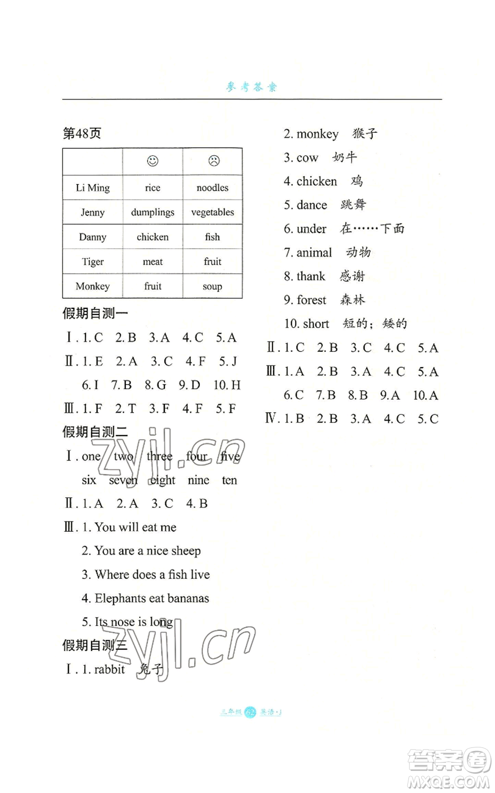 河北少年兒童出版社2022假期生活三年級(jí)起點(diǎn)三年級(jí)暑假英語(yǔ)冀教版參考答案