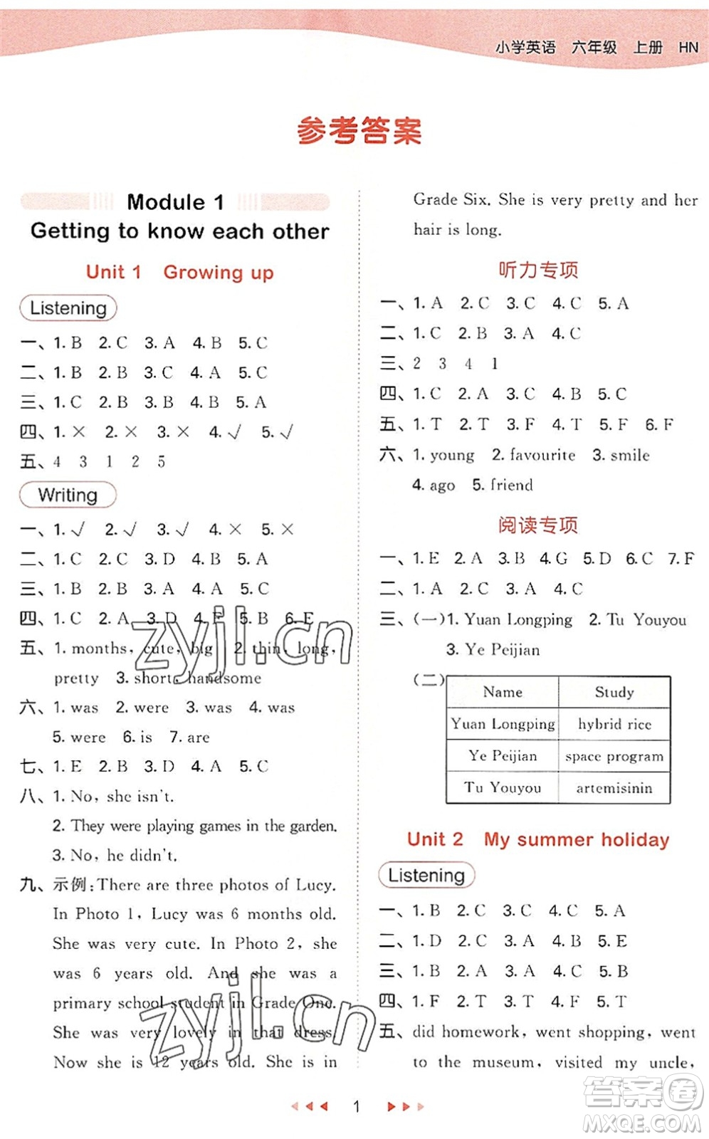 教育科學(xué)出版社2022秋季53天天練六年級英語上冊HN滬教牛津版答案