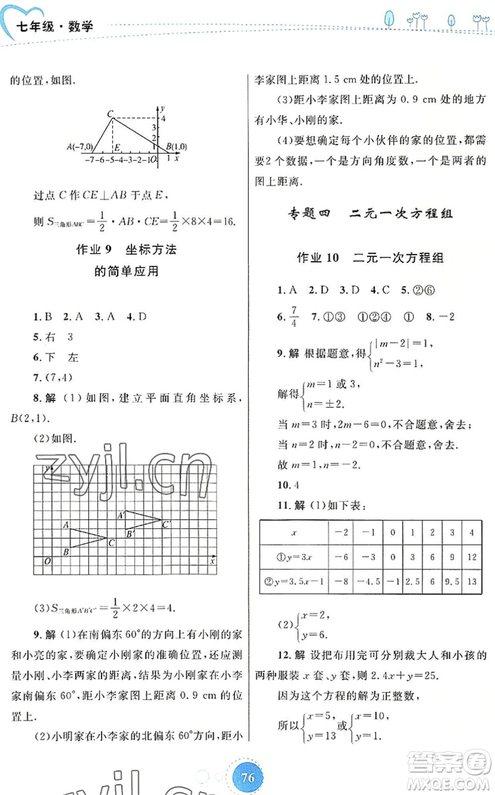 內(nèi)蒙古教育出版社2022暑假作業(yè)七年級(jí)數(shù)學(xué)通用版答案