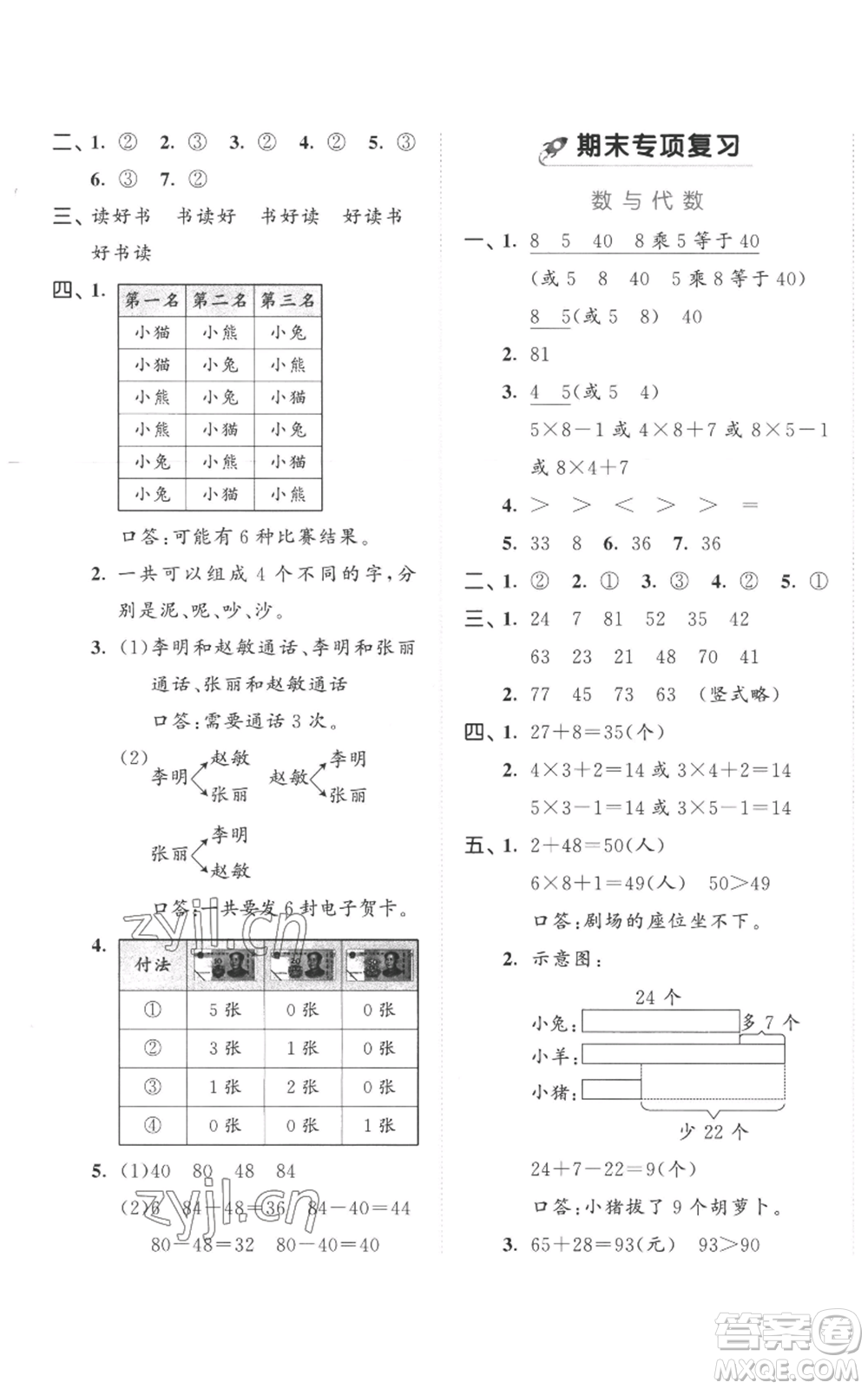 西安出版社2022年53全優(yōu)卷二年級上冊數(shù)學(xué)人教版參考答案