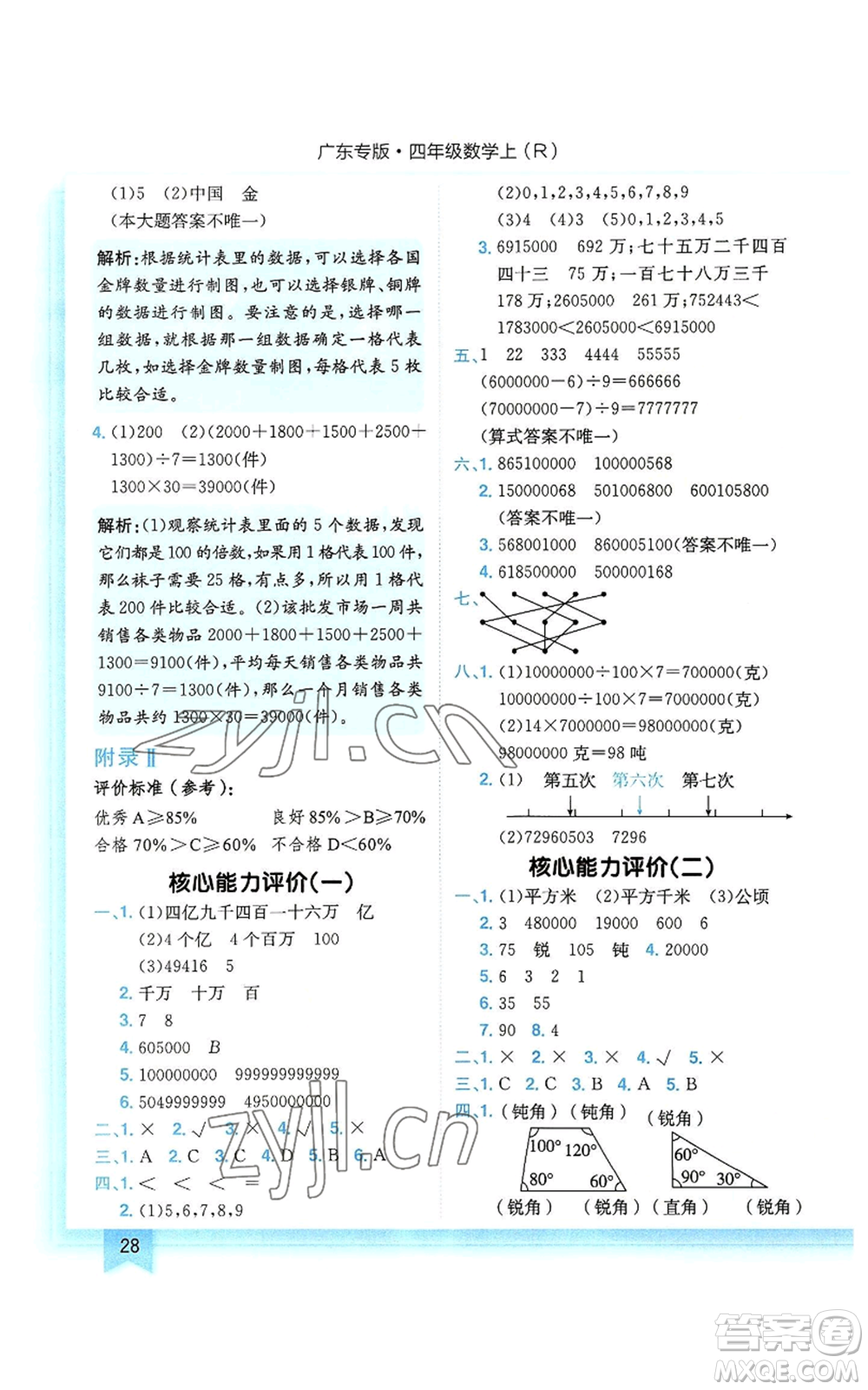 龍門書局2022黃岡小狀元作業(yè)本四年級上冊數(shù)學人教版廣東專版參考答案