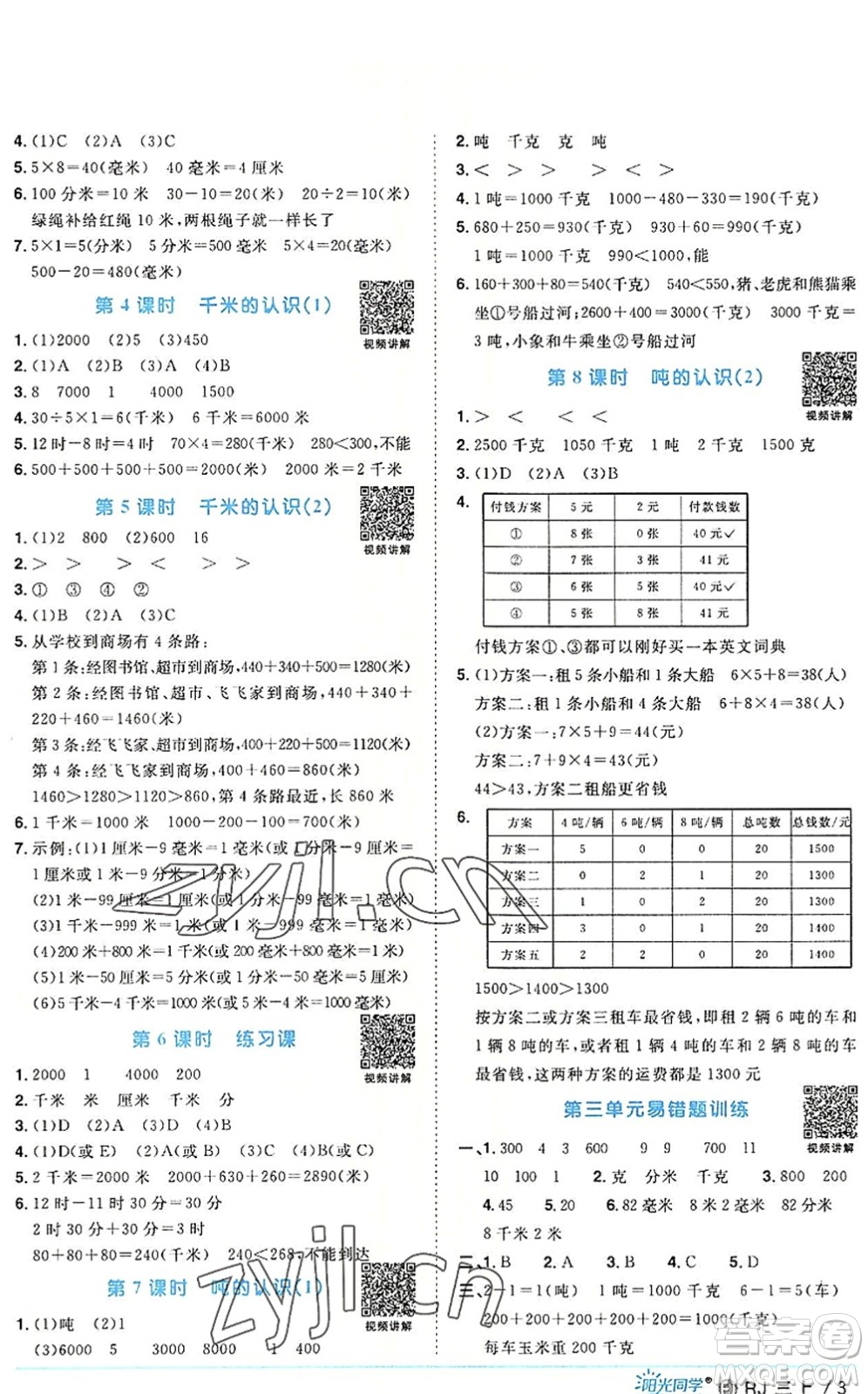 福建少年兒童出版社2022陽光同學課時優(yōu)化作業(yè)三年級數(shù)學上冊RJ人教版福建專版答案