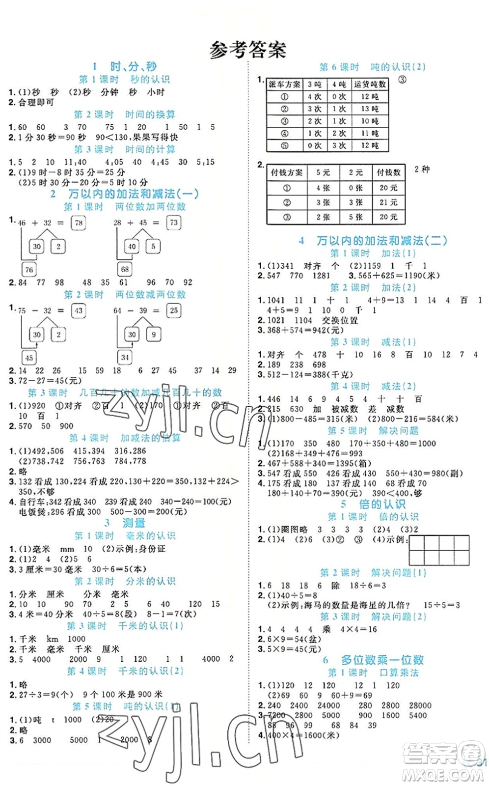 福建少年兒童出版社2022陽光同學課時優(yōu)化作業(yè)三年級數(shù)學上冊RJ人教版福建專版答案