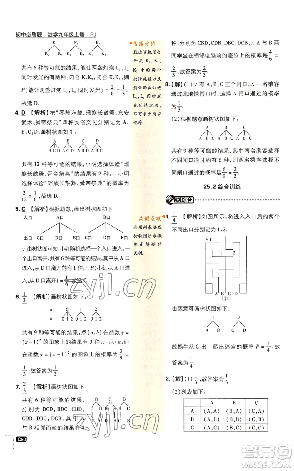 開明出版社2023初中必刷題九年級(jí)上冊(cè)數(shù)學(xué)人教版參考答案