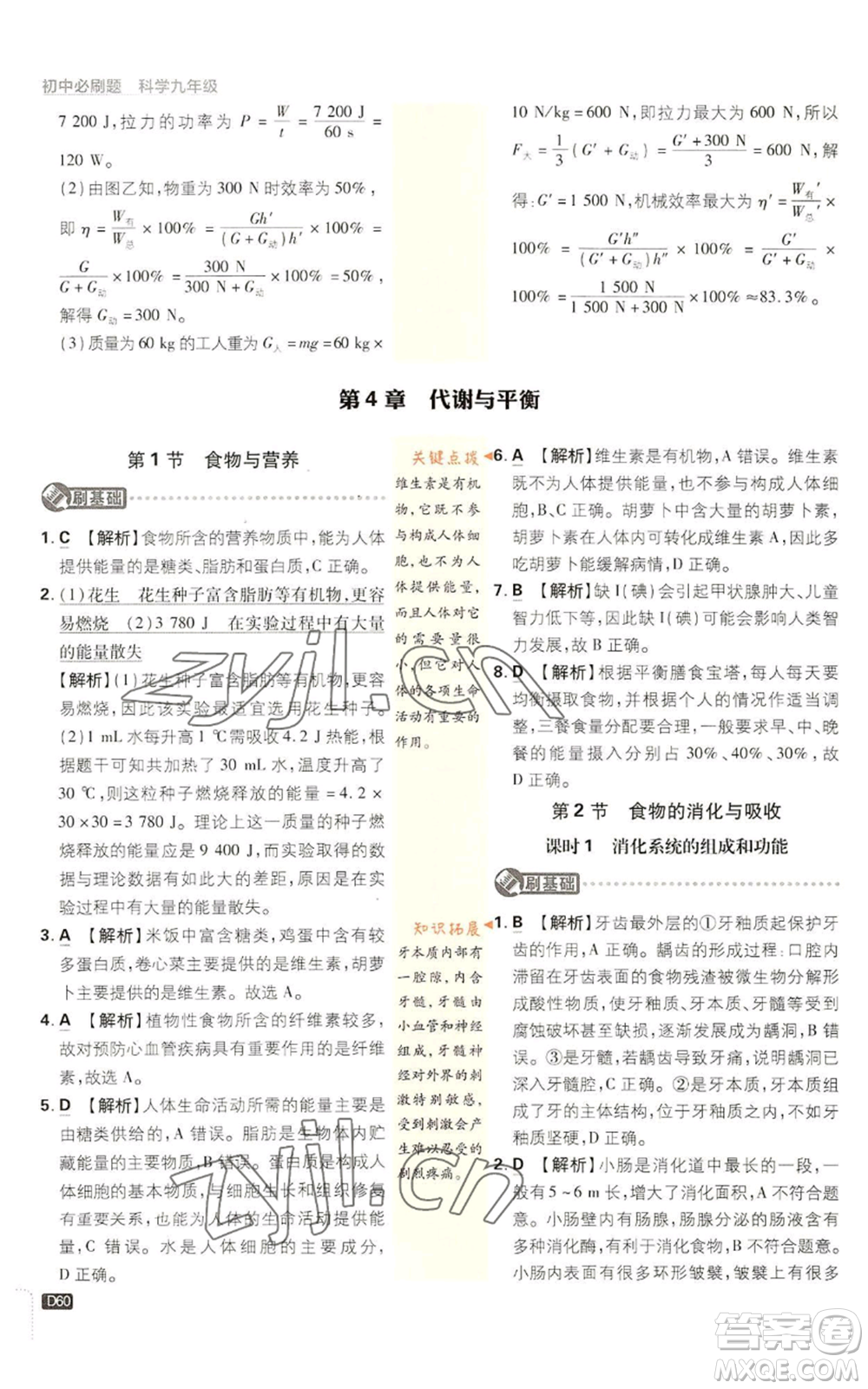 新世界出版社2023初中必刷題九年級上冊科學(xué)浙教版浙江專版參考答案