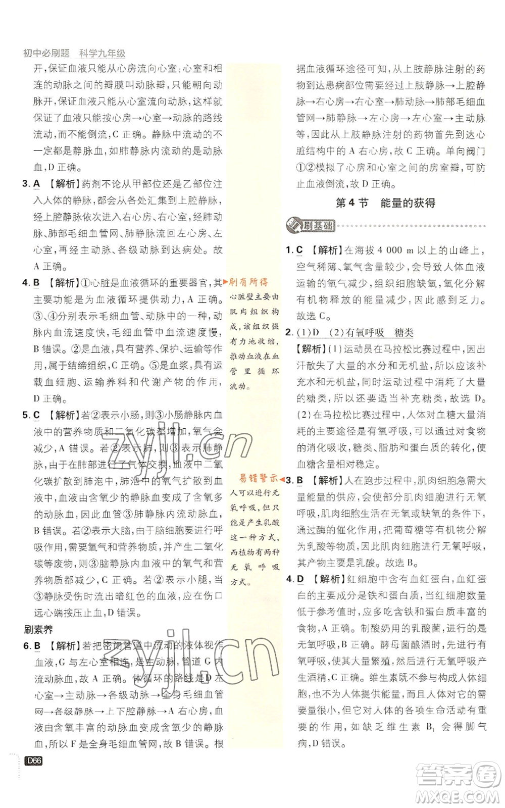 新世界出版社2023初中必刷題九年級上冊科學(xué)浙教版浙江專版參考答案