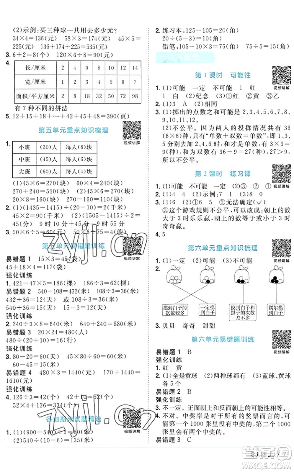 江西教育出版社2022陽光同學課時優(yōu)化作業(yè)四年級數學上冊SJ蘇教版答案