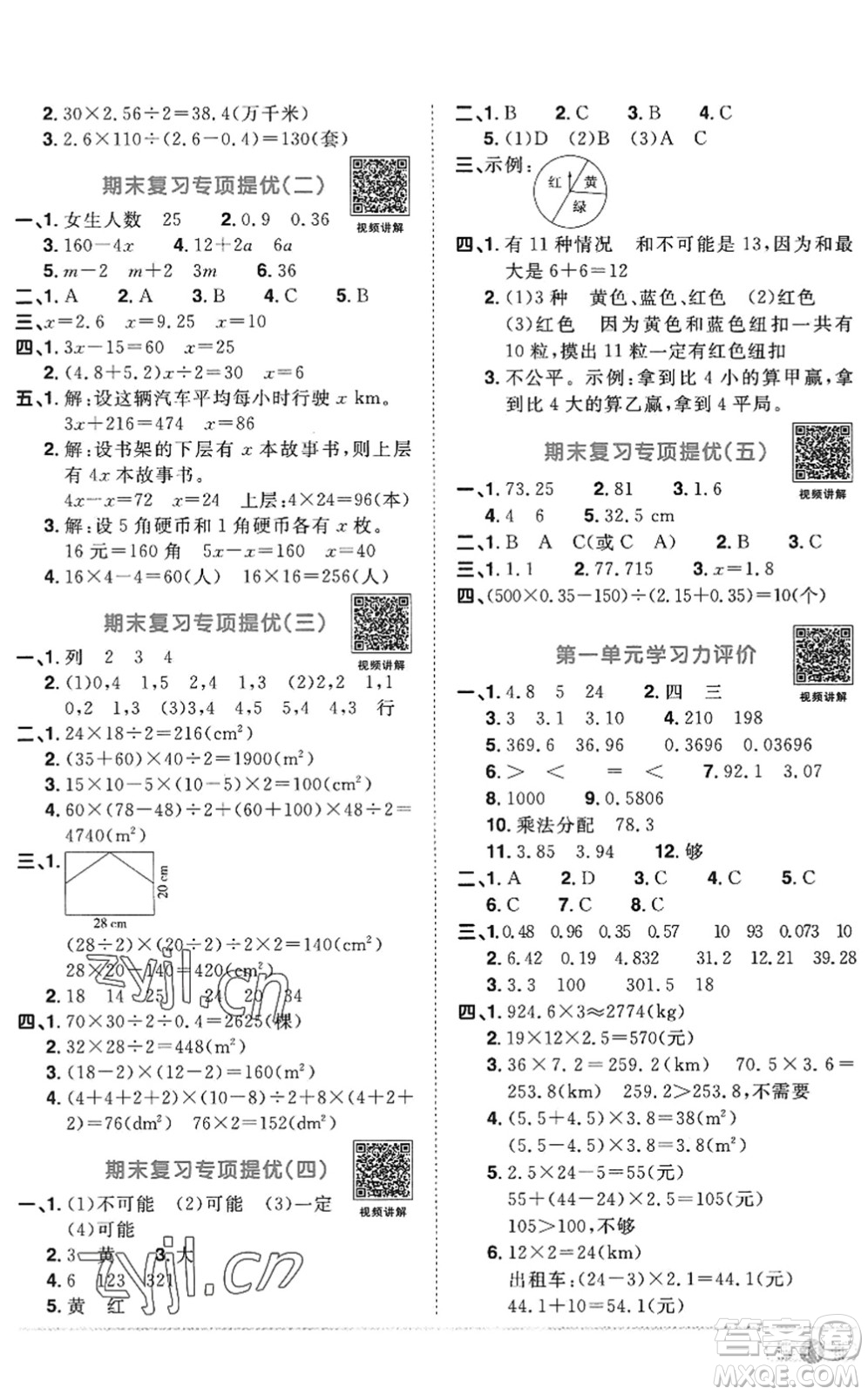 江西教育出版社2022陽光同學(xué)課時優(yōu)化作業(yè)五年級數(shù)學(xué)上冊RJ人教版答案