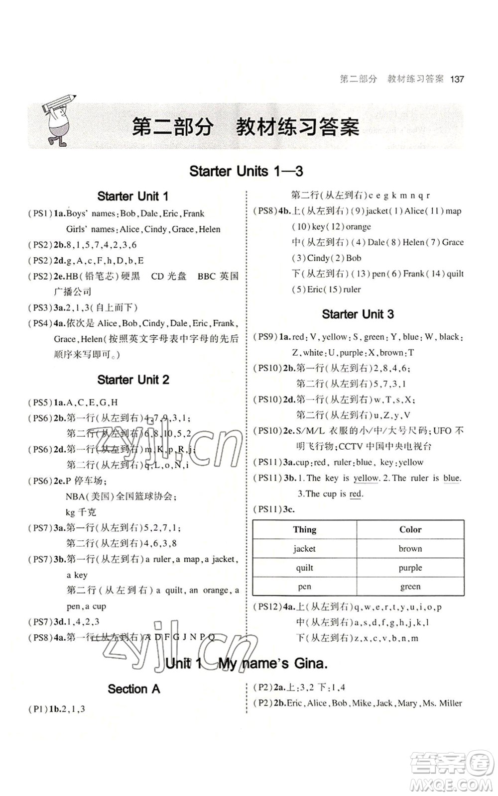 教育科學(xué)出版社2023年5年中考3年模擬七年級(jí)上冊(cè)英語(yǔ)人教版河南專版參考答案