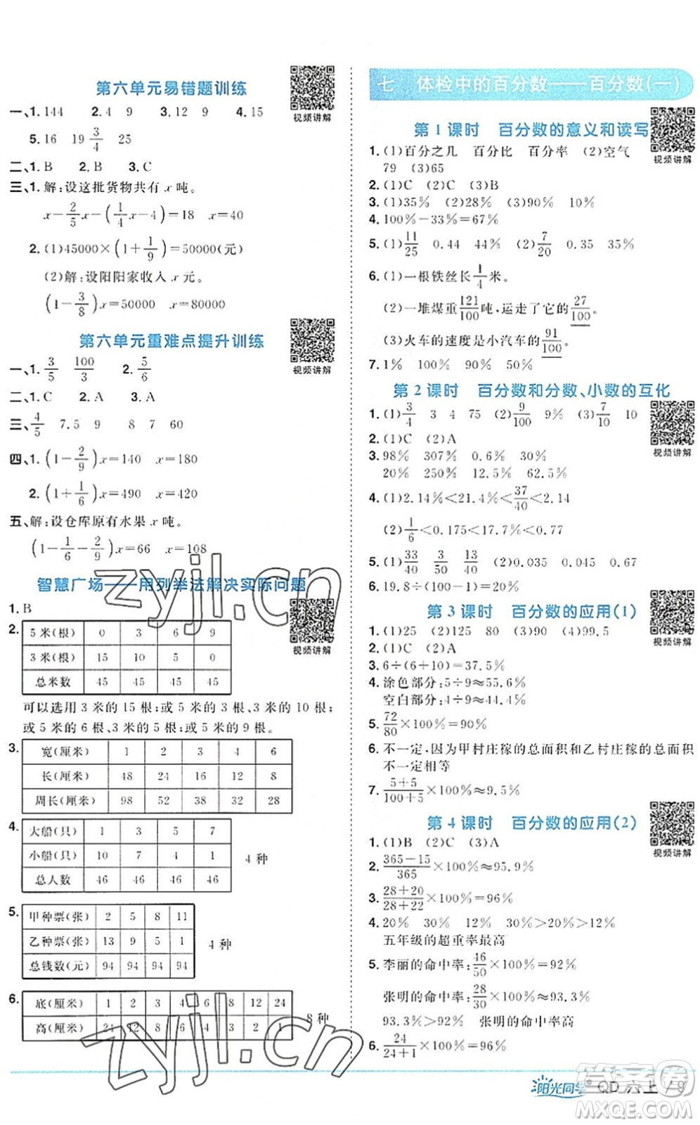 江西教育出版社2022陽光同學(xué)課時優(yōu)化作業(yè)六年級數(shù)學(xué)上冊QD青島版答案