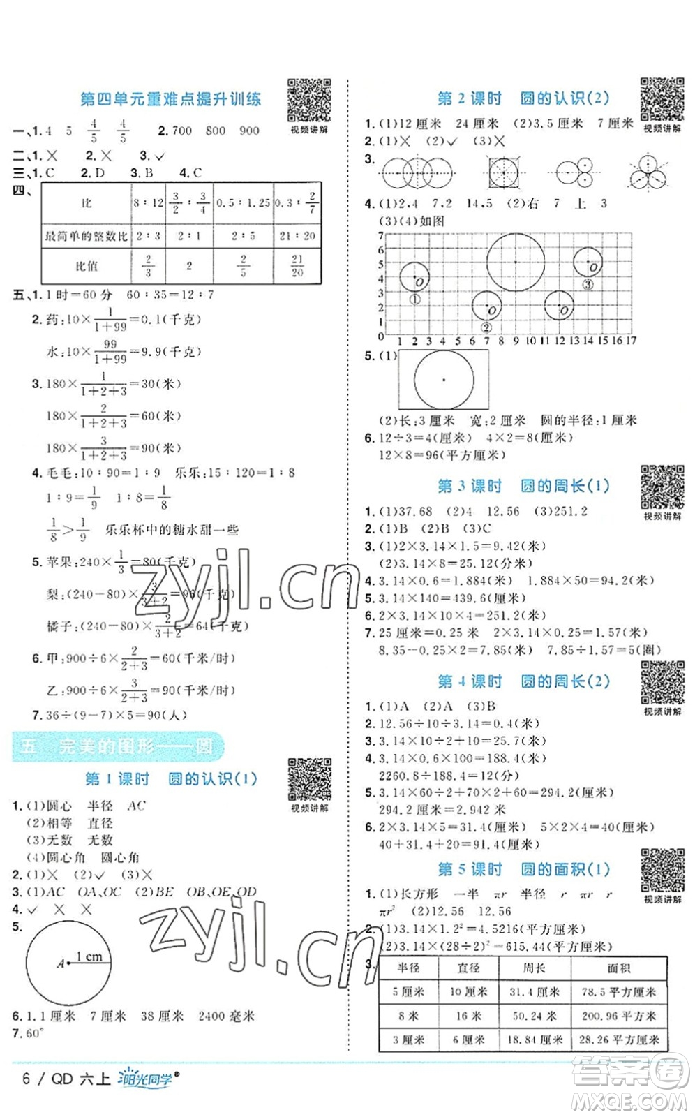 江西教育出版社2022陽光同學(xué)課時優(yōu)化作業(yè)六年級數(shù)學(xué)上冊QD青島版答案