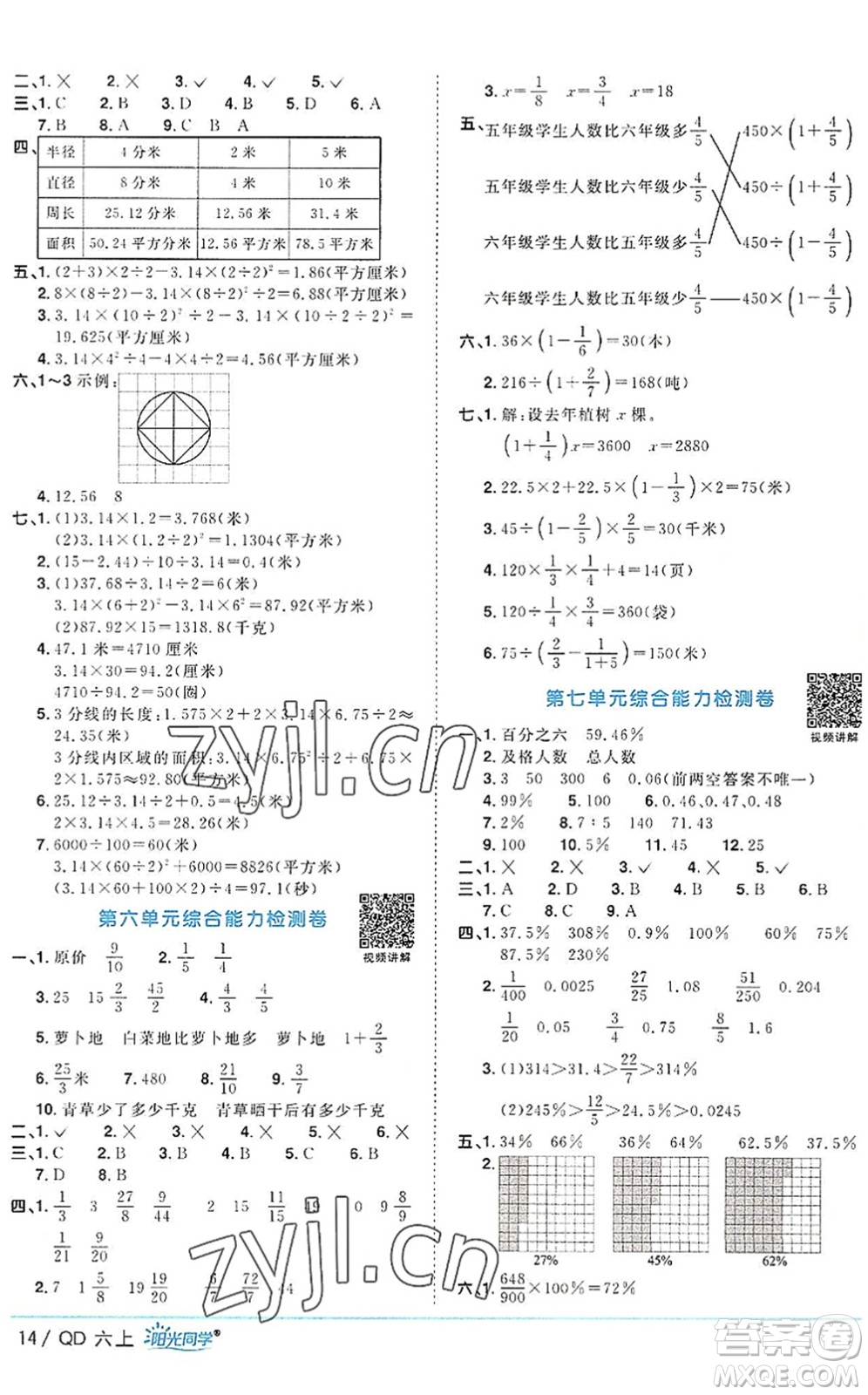 江西教育出版社2022陽光同學(xué)課時優(yōu)化作業(yè)六年級數(shù)學(xué)上冊QD青島版答案