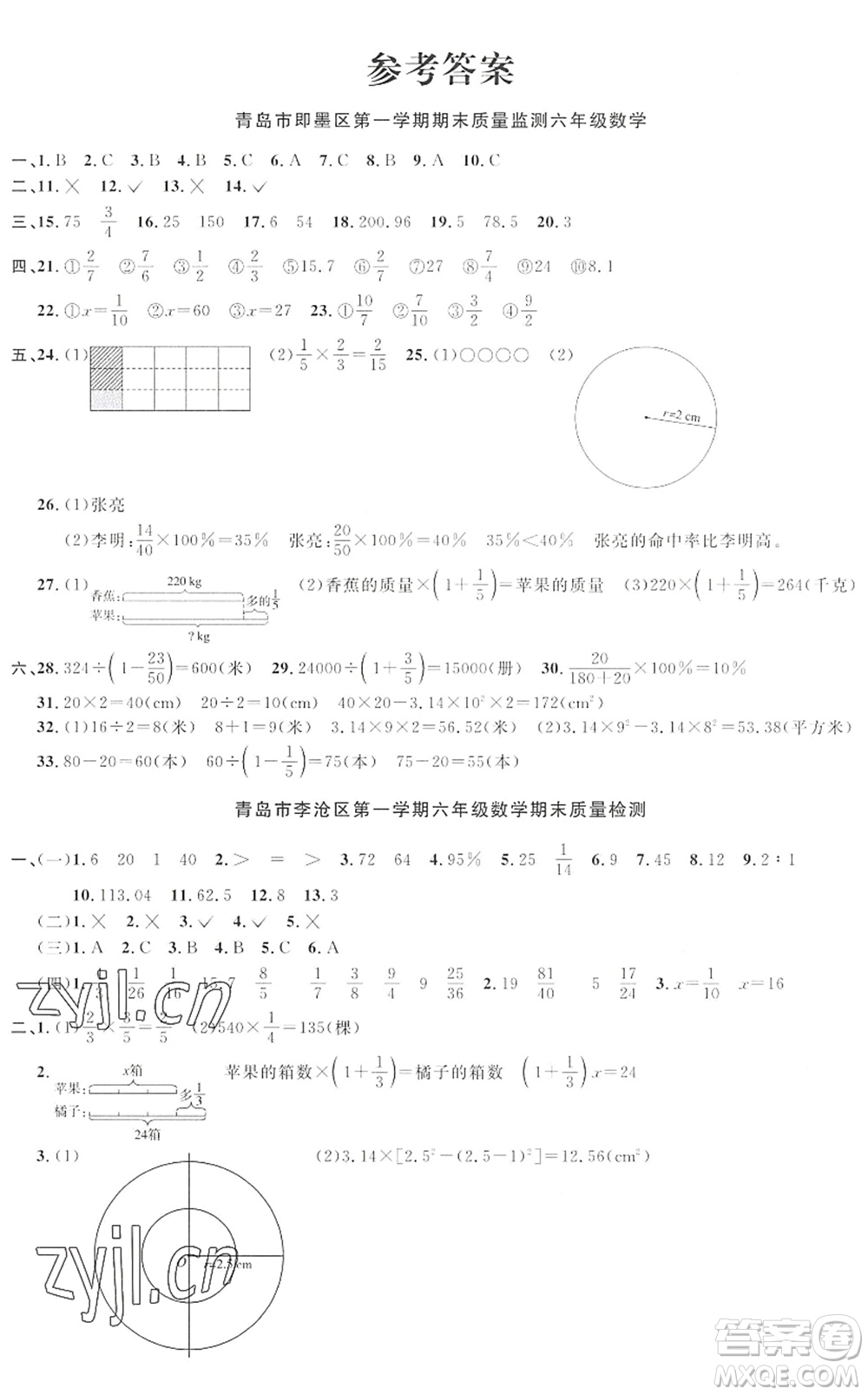 江西教育出版社2022陽光同學(xué)課時優(yōu)化作業(yè)六年級數(shù)學(xué)上冊QD青島版答案