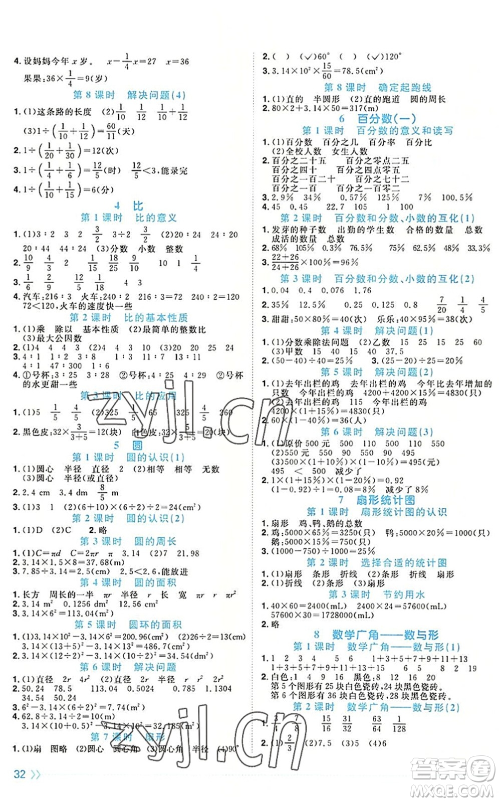 福建少年兒童出版社2022陽光同學(xué)課時(shí)優(yōu)化作業(yè)六年級數(shù)學(xué)上冊RJ人教版福建專版答案