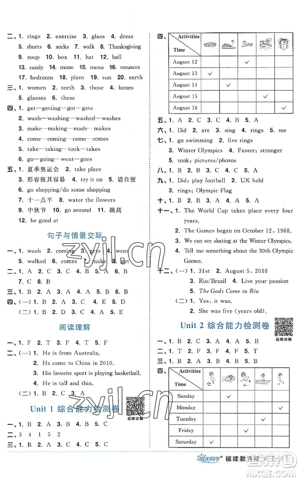 江西教育出版社2022陽光同學(xué)課時優(yōu)化作業(yè)六年級英語上冊福建教育版答案