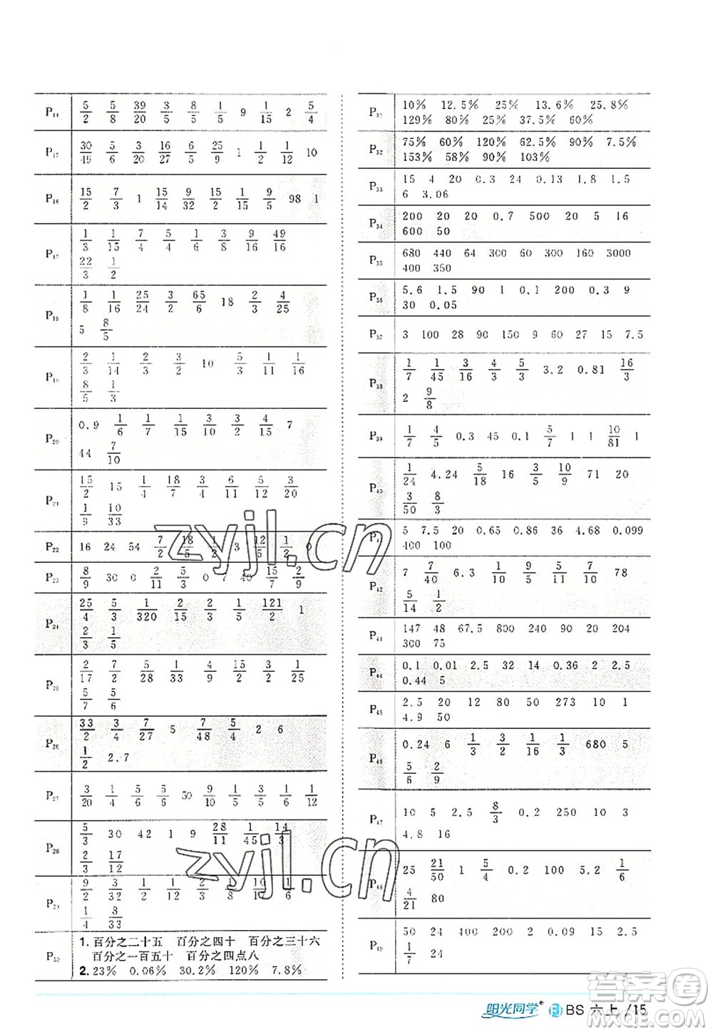 江西教育出版社2022陽光同學(xué)課時(shí)優(yōu)化作業(yè)六年級(jí)數(shù)學(xué)上冊(cè)BS北師版福建專版答案