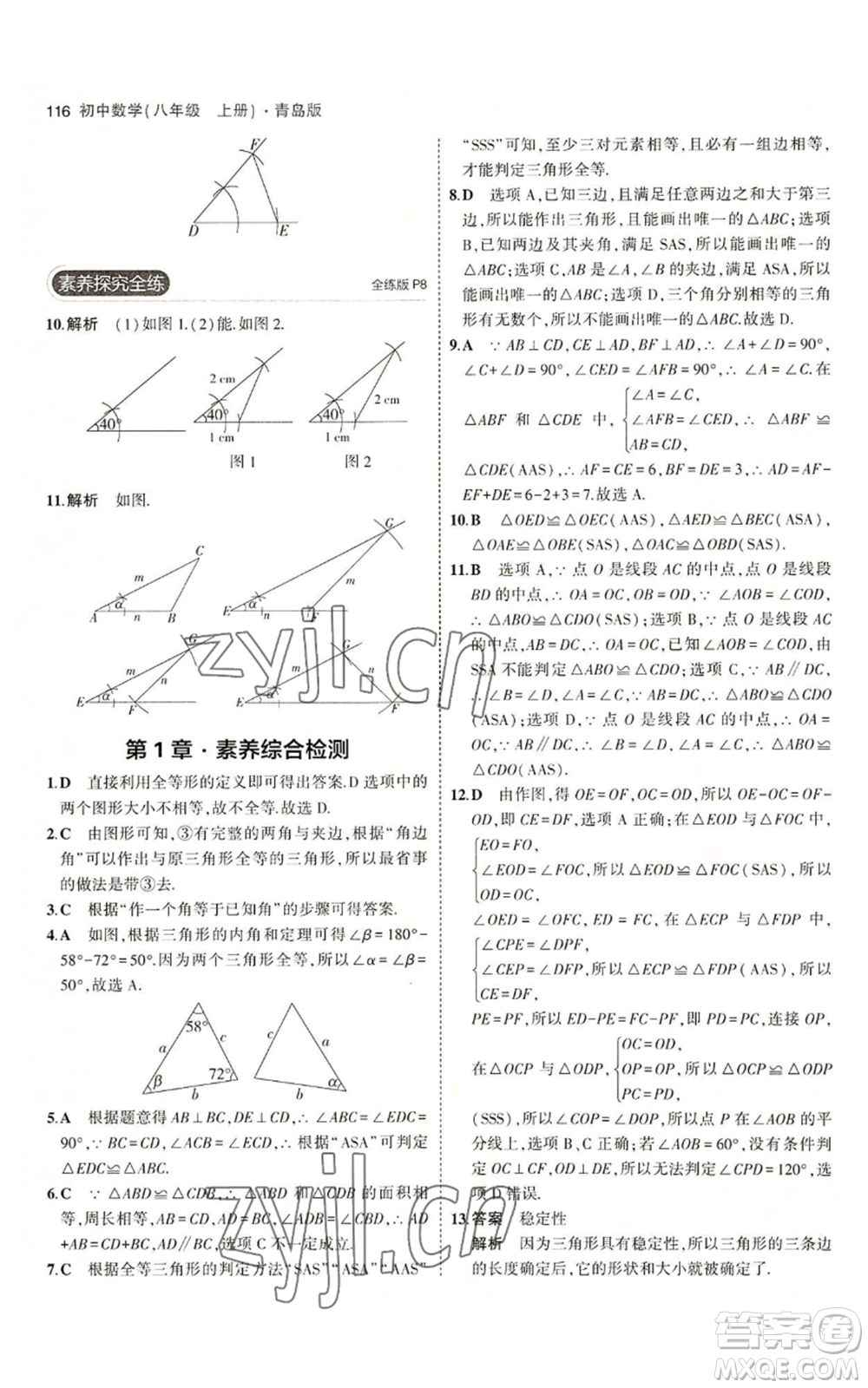 首都師范大學出版社2023年5年中考3年模擬八年級上冊數學青島版參考答案