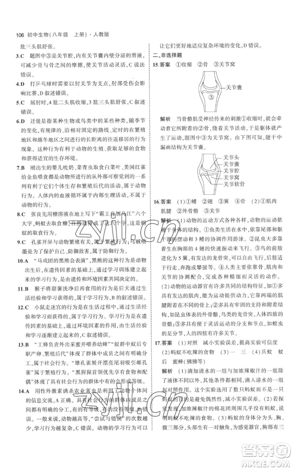 教育科學(xué)出版社2023年5年中考3年模擬八年級(jí)上冊(cè)生物人教版參考答案