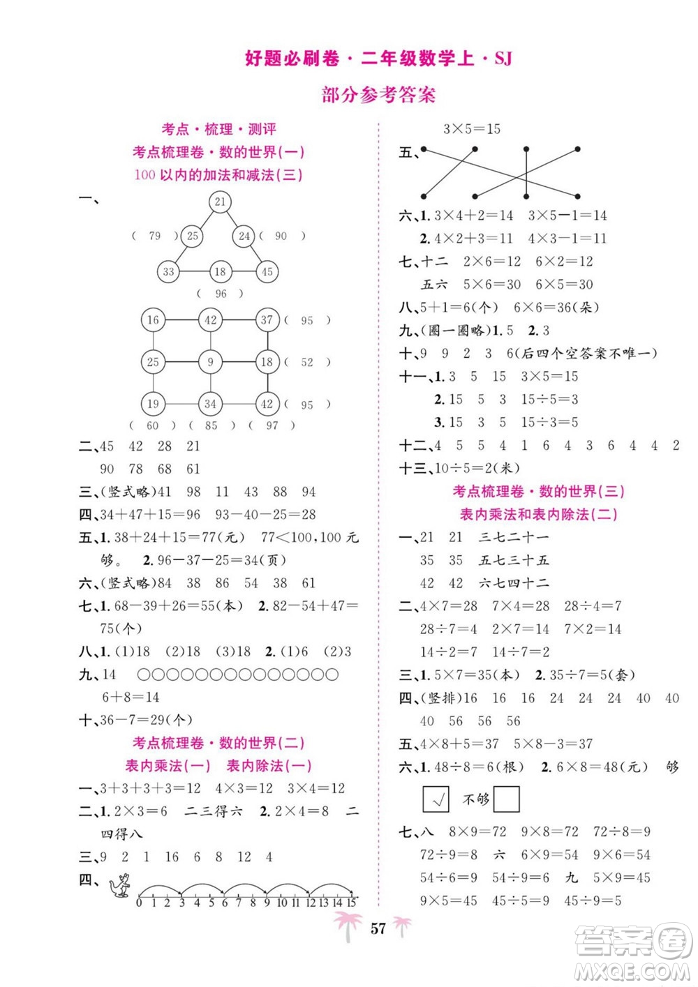 合肥工業(yè)大學出版社2022好題必刷卷期末沖刺100分數學二年級上冊蘇教版答案