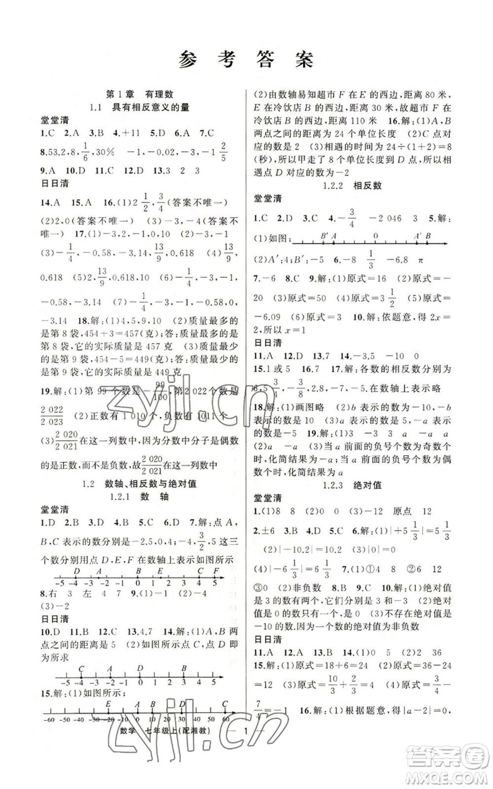 新疆青少年出版社2022四清導航七年級上冊數(shù)學湘教版參考答案