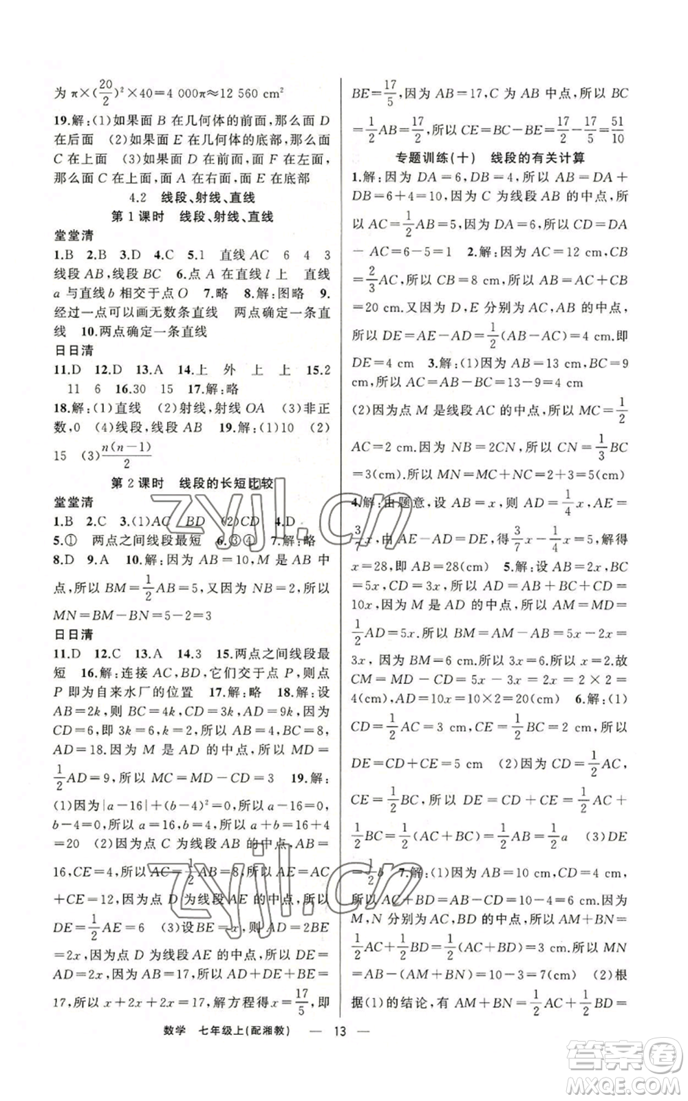 新疆青少年出版社2022四清導航七年級上冊數(shù)學湘教版參考答案