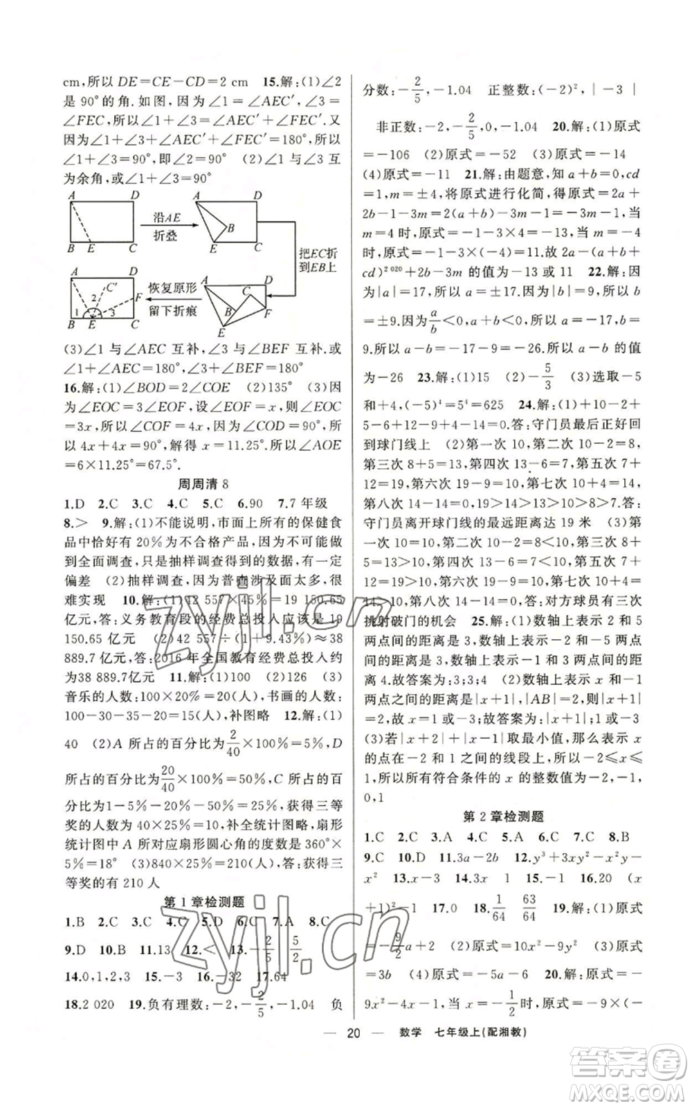 新疆青少年出版社2022四清導航七年級上冊數(shù)學湘教版參考答案