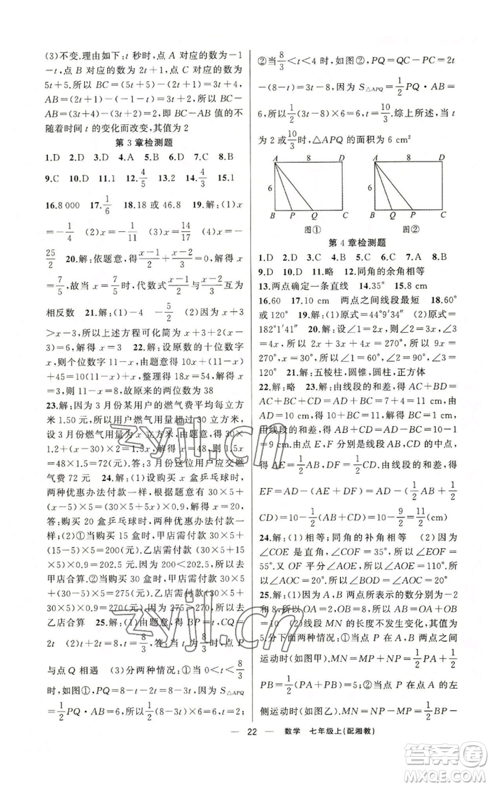 新疆青少年出版社2022四清導航七年級上冊數(shù)學湘教版參考答案