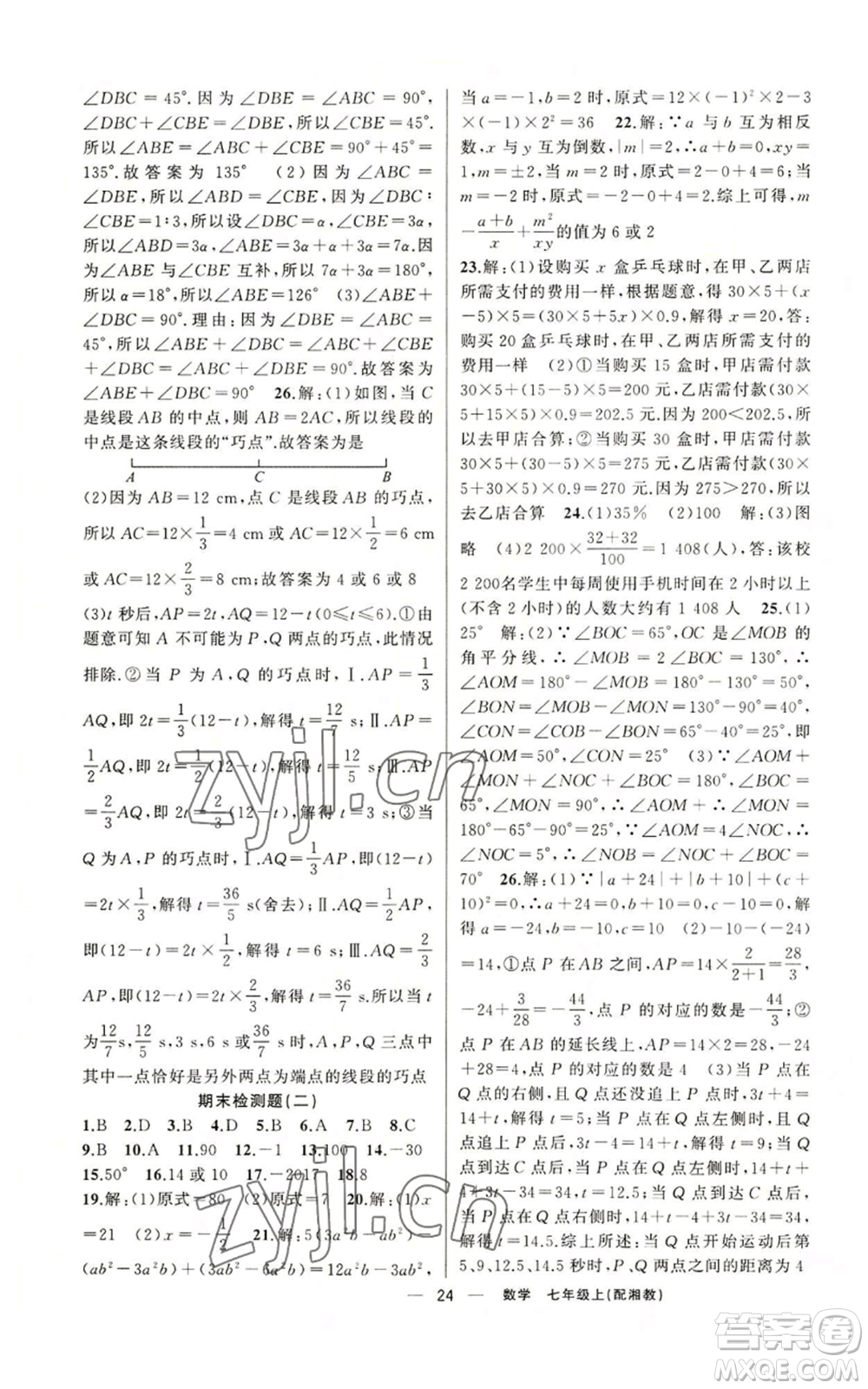 新疆青少年出版社2022四清導航七年級上冊數(shù)學湘教版參考答案