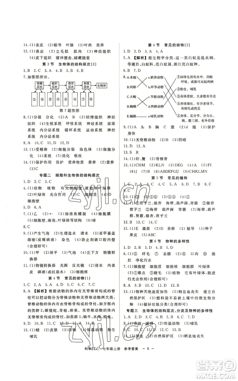 光明日報出版社2022全效學習七年級上冊科學浙教版A參考答案