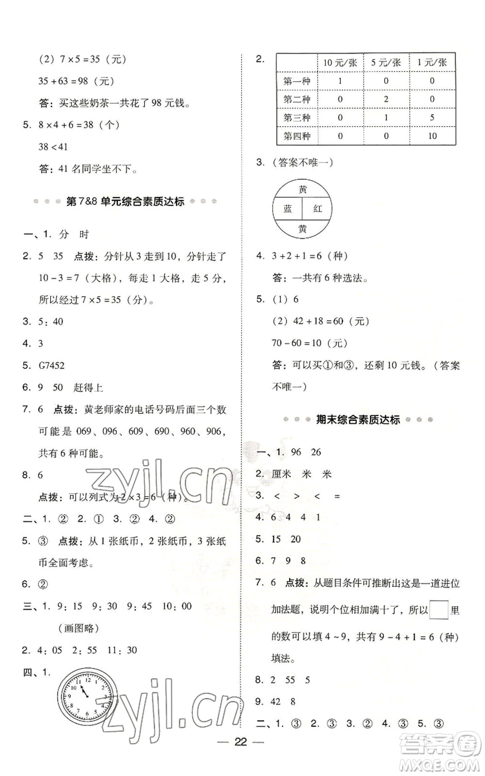 吉林教育出版社2022秋季綜合應用創(chuàng)新題典中點二年級上冊數(shù)學人教版浙江專版參考答案