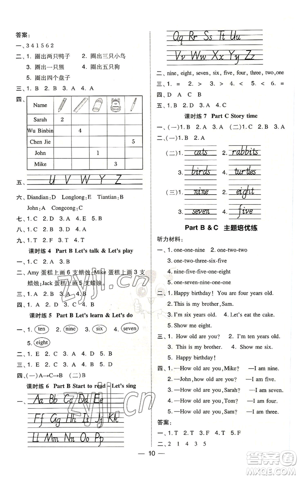 吉林教育出版社2022秋季綜合應(yīng)用創(chuàng)新題典中點三年級上冊英語人教版參考答案