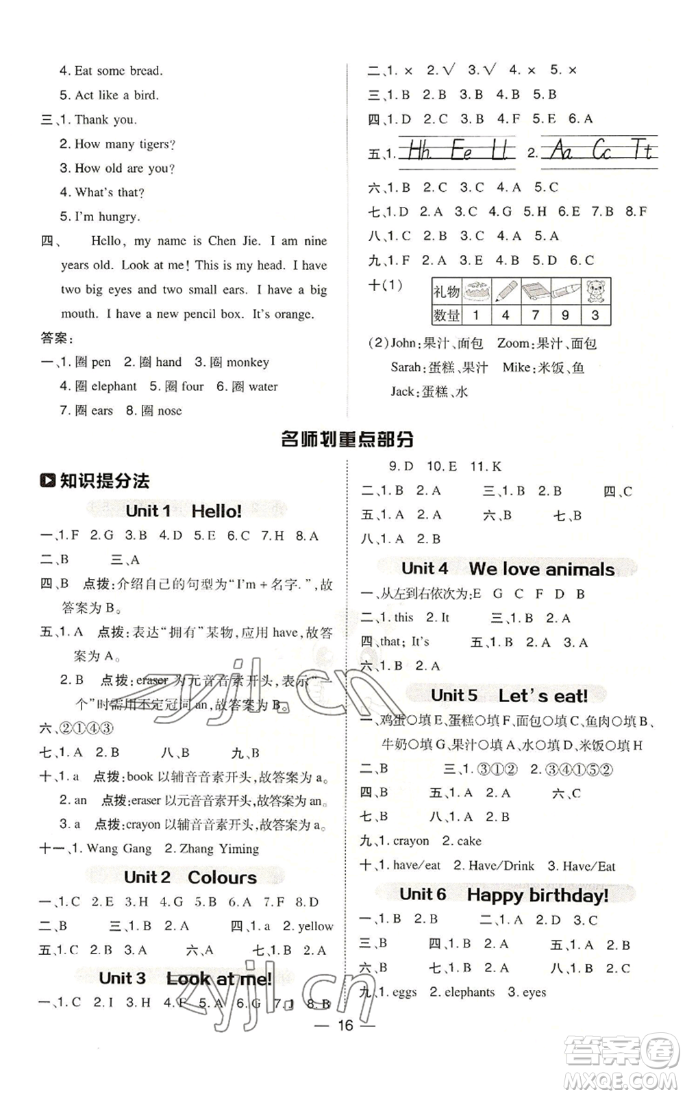 吉林教育出版社2022秋季綜合應(yīng)用創(chuàng)新題典中點三年級起點三年級上冊英語人教版參考答案