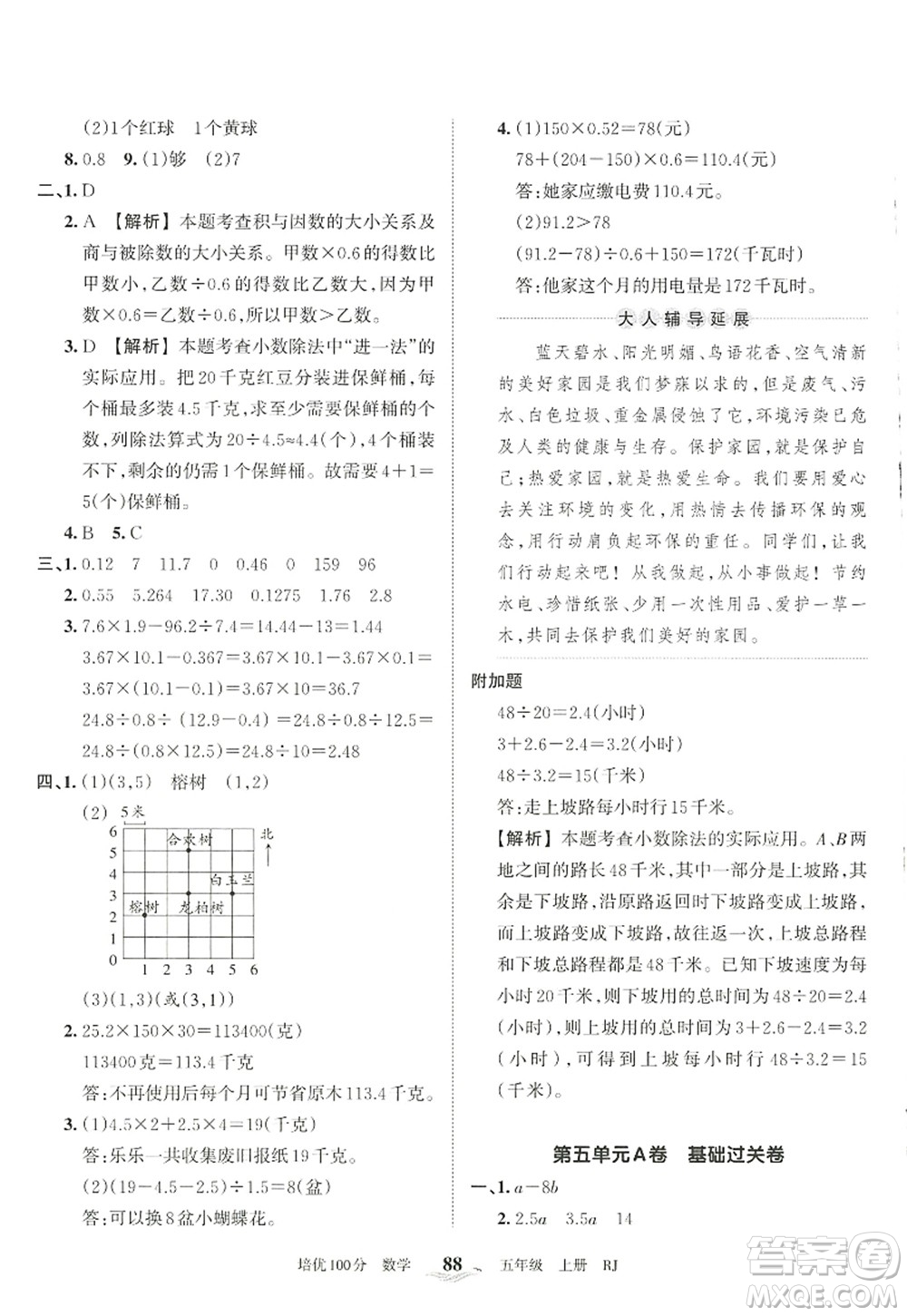 江西人民出版社2022王朝霞培優(yōu)100分五年級數學上冊RJ人教版答案