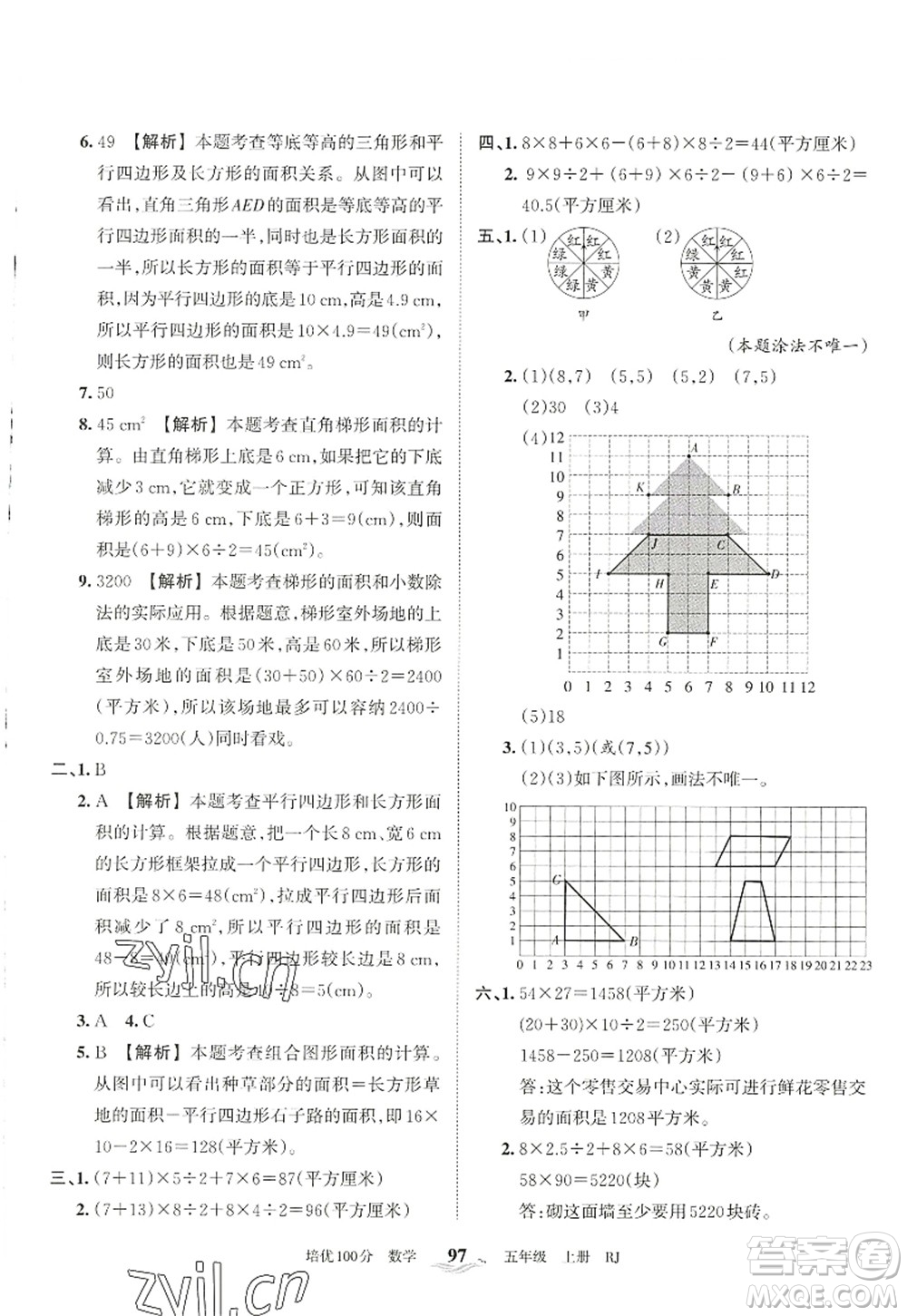 江西人民出版社2022王朝霞培優(yōu)100分五年級數學上冊RJ人教版答案