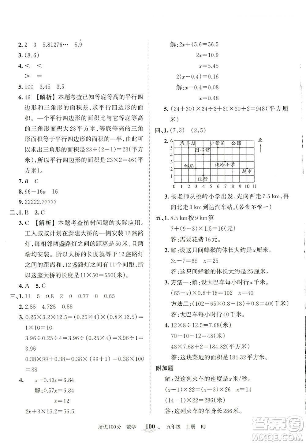 江西人民出版社2022王朝霞培優(yōu)100分五年級數學上冊RJ人教版答案