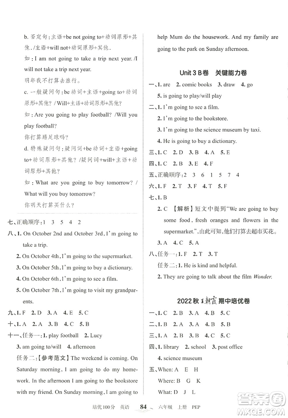 江西人民出版社2022王朝霞培優(yōu)100分六年級英語上冊PEP版答案